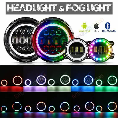 7'' RGB Halo LED Headlights Fog Lights Combo Kit For Jeep Wrangler JK Muti-Color • $153.95