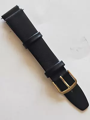 18mm - Black Smooth Surface Leather Watch Band -  (Gold Buckle / Pins Included) • $14.24