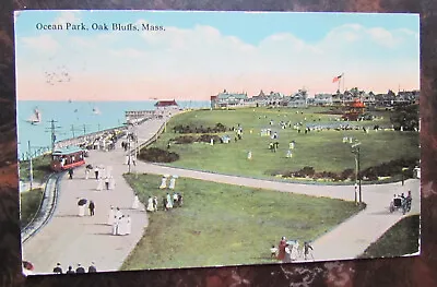 Vintage Postcard Oak Bluffs MA Ocean Park 1913 Bicycles Trolley Car Flag Gazebo • £7.24