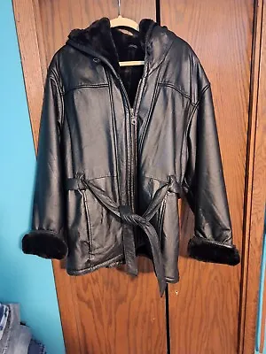 Vintage Wilsons Leather Black Long Shearling Fur Lined Hooded XL Belted Coat • $49.99