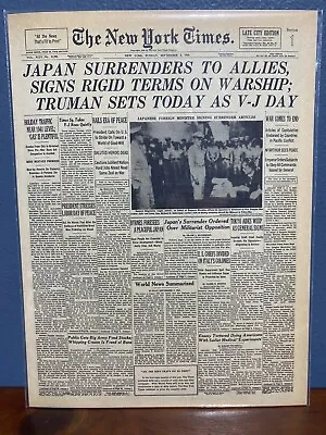 8x10 VINTAGE NEWSPAPER HEADLINE ~ WW2 JAPAN SURRENDERS TO ALLIES V-J DAY 1945 • $11.49