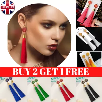 Womens Big Boho Long Tassel Earrings Tassle Crystal Dangle Drop Trendy Fashion • £3.29