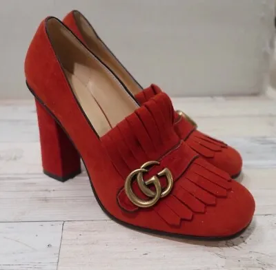 $600 • Buy Gucci Shoes Heels Loafers Marmot Fringe Double G Logo Red Suede 39