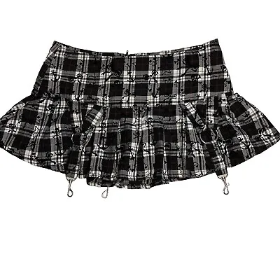 Ghosts & Angels Skulls Goth Y2K Black White Plaid Pleaded Mini Skirt Size Large • $24.99