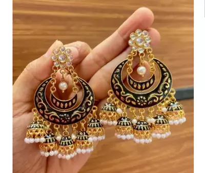 Designer Indian Bollywood Fashion Heavy Ethnic Chandbali Jhumki Black Earrings • $42.41