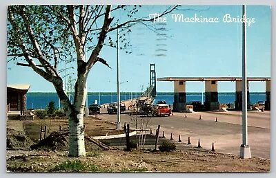 Postcard MI The Mackinac Bridge Toll Gate Classic Cars • $4.21