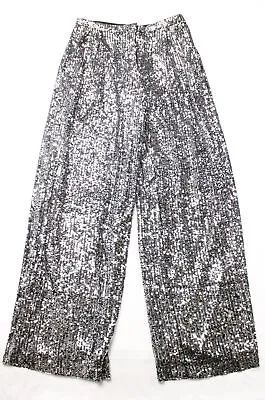Topshop Women's Sequin Detail Wide Leg Pants EJ1 Silver Size 12 US 8 NWT  • $28.99