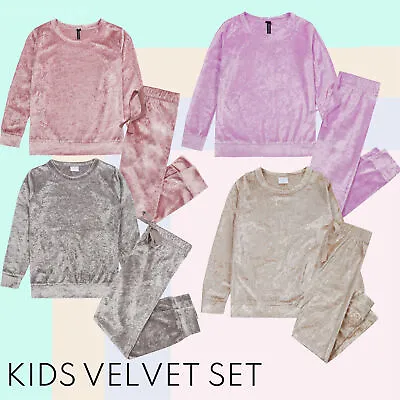 Girls Velour Tracksuit Crushed Velvet Set Grey Pink Lounge 2 Pieces Set Outfit • £9.99