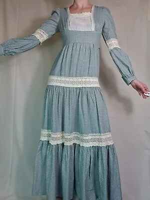 Original Vintage 1970s Green Gingham Gunne Sax Prairie Lace Maxi Dress Size 10 • £160