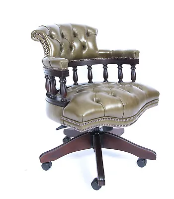 Bespoke English Hand Made Leather Captains Desk Chair Olive Green • £1695
