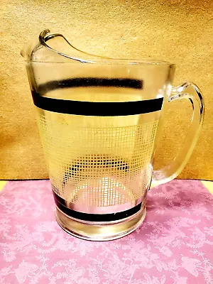 Vintage MCM Hazel Atlas Glass Pitcher 7.5” Yellow Burlap Pattern Black Stripes • $13