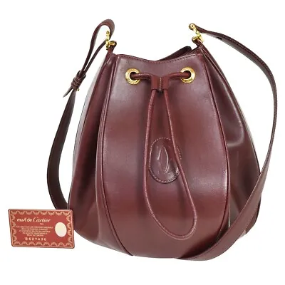 $218 • Buy MUST DE CARTIER 2C Logo Drawstring Shoulder Bag Leather Bordeaux Gold 60YC818