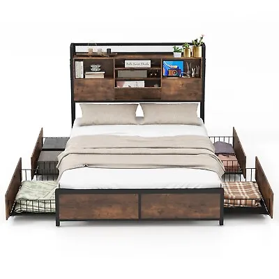 Queen Size Bed Frame Metal Platform Bed Slats Support W/Storage Headboard • £249.95