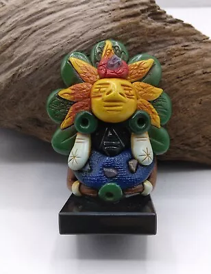 Aztec Mayan Chief Figurine Carved Obsidian And Clay Sun Headdress 3 Tall • $14