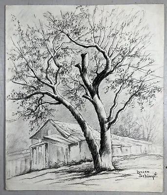 Lucien Schimpf Vintage Charcoal On Paper Drawing Of Oak Tree By Cabin In Spring • $60.72