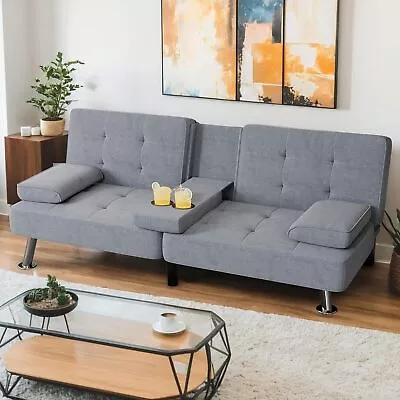 Modern Linen Upholstered Convertible Folding Futon Sofa Bed W/Removable Armrests • $148.79