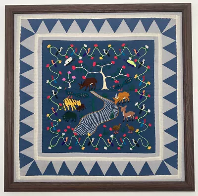Hmong  Story Cloth Tapestry Embroidered Animals Nature Handstitched Framed Vtg • $127.60