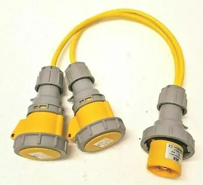 32A Plug To 2 X 16A Sockets. 1.5mm Arctic Yellow 110V IP67 Power Splitter - 0.5M • £23.90