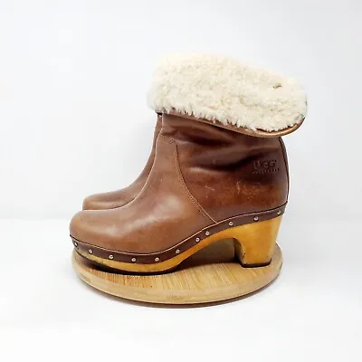 UGG Lynnea Boots Womens 6 Brown Leather Lined Convertible Fold Over Clog Heel • $32.95