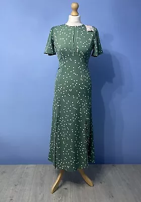 Missguided Polka Dot Split Zip Cut Out Back Green Midi Dress Size UK 4/6 New • £10