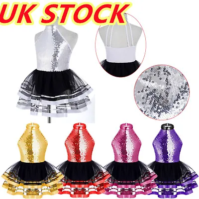 UK Kid Girls Sleeveless Halter Neck Sequins Ballet Mesh Tutu Dance Dress Leotard • £12.66