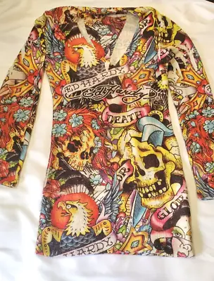 Ed Hardy Tattoo Dress Bodycon Y2k Skull Floral Dress Long Sleeve • $47.20