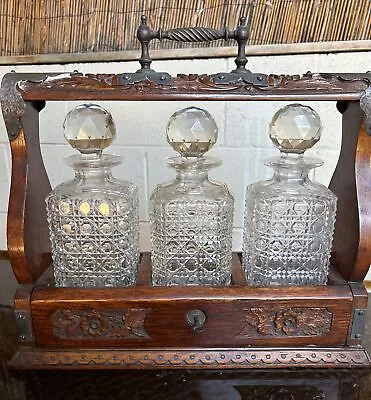 Tantalus With Three Rectangular Crystal Decanters 3 Lock Key 1900 Oak Wood • $350