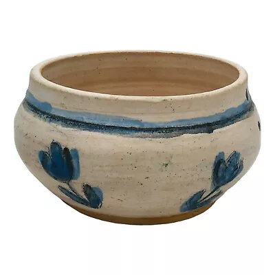 1984 Signed Art Pottery Stoneware Crock Planter Blue Tulips Floral Small 4” • $17.50