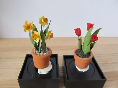 Artisan Lot 2 Spring Flower Garden Pots Tulips Daffodil Dollhouse Miniature 1:12 • $28