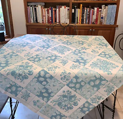 Vintage MCM 50’s Tablecloth Fruit & Berries Aqua Blue & White 46”x 52” • $19.99