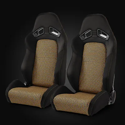 $362.38 • Buy 2 X Universal Black+Gold I-pattern PVC Reclinable Racing Seats Left/Right