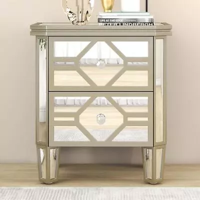 Elegant Mirrored 2-Drawer Nightstand End Table With Golden Lines For Bedroom • $184.29