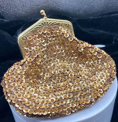 Vintage 1950s-60s Gold Sequin & Beaded Coin Clutch Purse Singapore TST-25 • $14.99