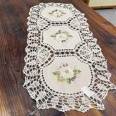 15 X33  Vintage Hand Embroidered Crochet Table Runner Oval Dresser Scarf Doily • $11.69