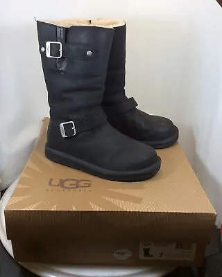 $95 • Buy Genuine UGG Black Leather Mid Calf Kensington Boots 5678 Size 7 W/ Box