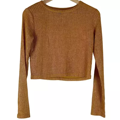 Zara Crop Top Womens Small Gold Metallic Textured Long Sleeve Sheer Cutout • $18.88