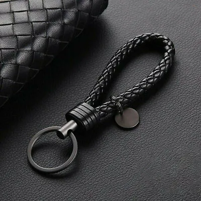  1x Black Car Keychain Leather Rope Strap Weave Keyring Key Ring Chain Key Gift • $3.95