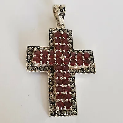 Sterling Silver Cross Pendant Red Tourmaline & Marcasite 12.8g [6722] • $84.95