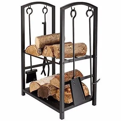 £42.90 • Buy Large Vintage Black Fireside Indoor Wood Burner Log Rack Basket Stand With Tools