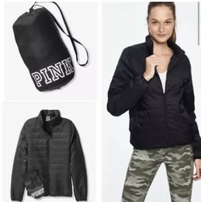 PINK VICTORIA’S SECRET Black Packable Puffer Coat/jacket NWT💕 SMALL • $39.95
