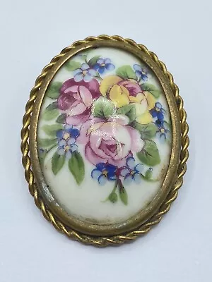 Vintage 1940s Limoges France Signed Porcelain Floral Bouquet Brooch (J13) • £18