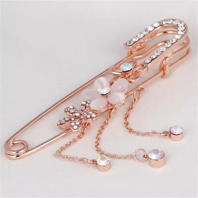 Crystal Flower Charm Safety Pin Brooch Clip For Womens Scarf Coat • £5.65