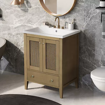 24  Bathroom Vanity W/Sink Freestanding Rattan Storage Cabinet Drawer 2 Doors • $198
