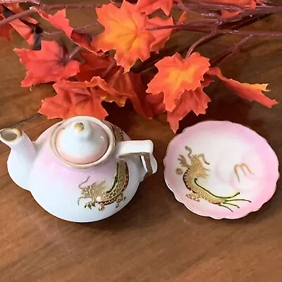 Vtg. Japan Miniature Teapot W/ Lid Plate Dragons Pink 2  Tall Ceramic Porcelain • $9.95