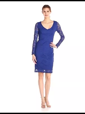 Marina Stretch Lace Sheath Dress Keyhole Back Long Sleeve Royal Blue Size 16 • $45