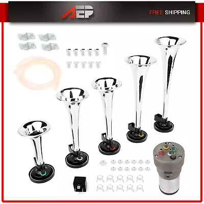 Musical Air Horn Kit 12V Loud 130dB 5 Trumpet For Car Truck Silver La Cucaracha • $39.66