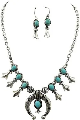 $20.70 • Buy Western Cowgirl Blue Turquoise Squash Blossom Necklace & Earrings Set
