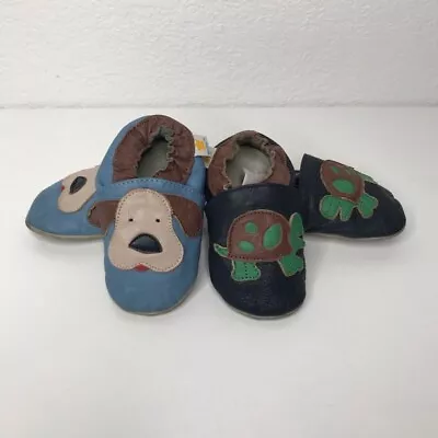 Ministar Baby Boys Lot Of 2 Loafer Crib Shoes Blue Dog Tortoise Leather M • $18.99