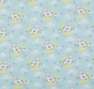 BOLT END 34 INCHES Cow Jumped Over The Moon On Light Blue Cotton FLANNEL Fabric • £12.60