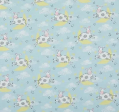 Cow Jumped Over The Moon On Light Blue Cotton FLANNEL Fabric By The Yard • £14.55